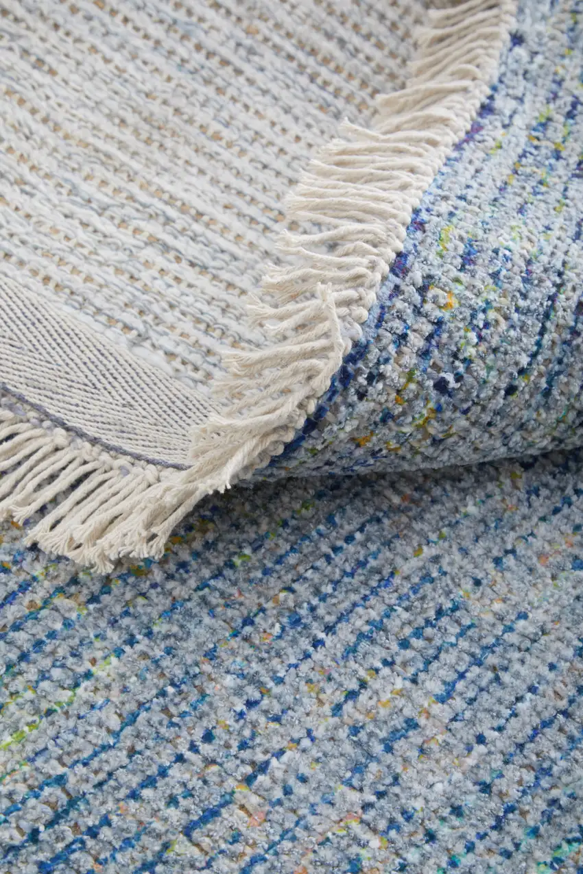 Blue and Gray Abstract Hand Woven Distressed Area Rug With Fringe Photo 9