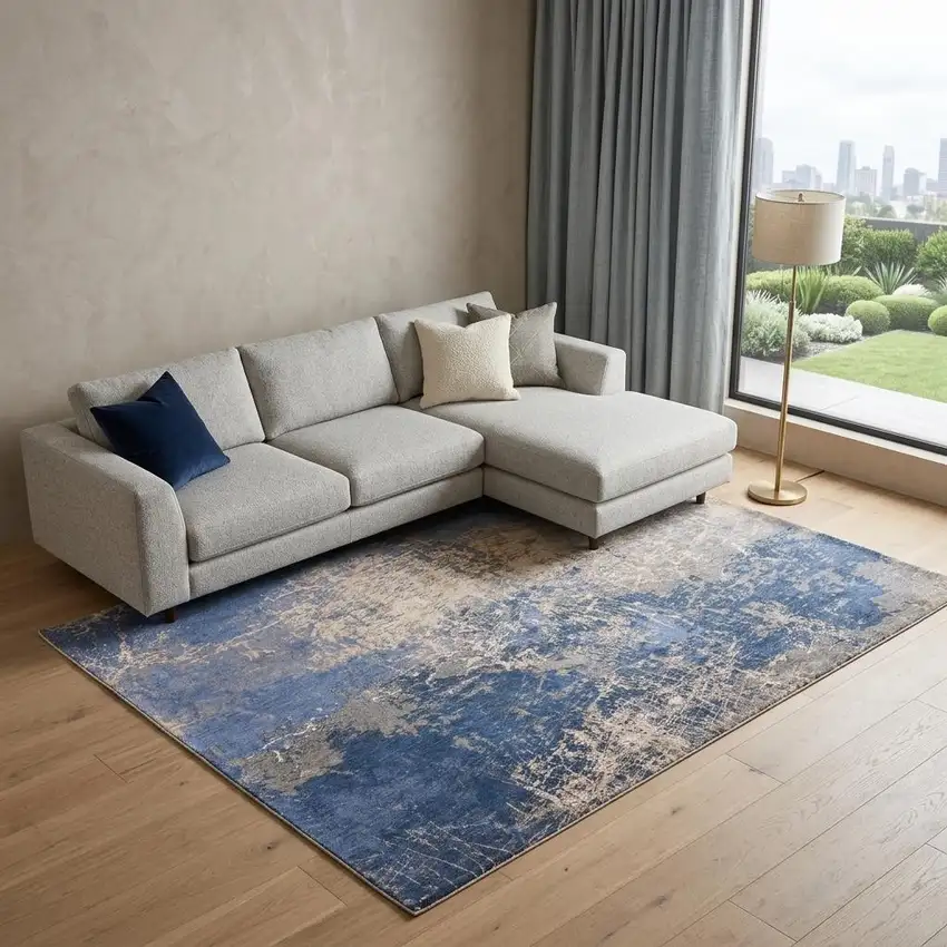 Blue and Gray Abstract Non Skid Area Rug Photo 1