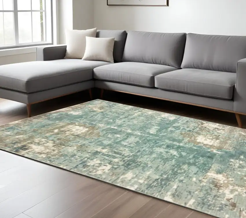 Blue And Gray Abstract Hand Loomed Distressed Area Rug Photo 1