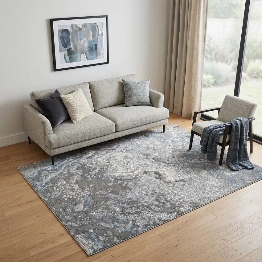 Blue and Gray Abstract Power Loom Area Rug Photo 1