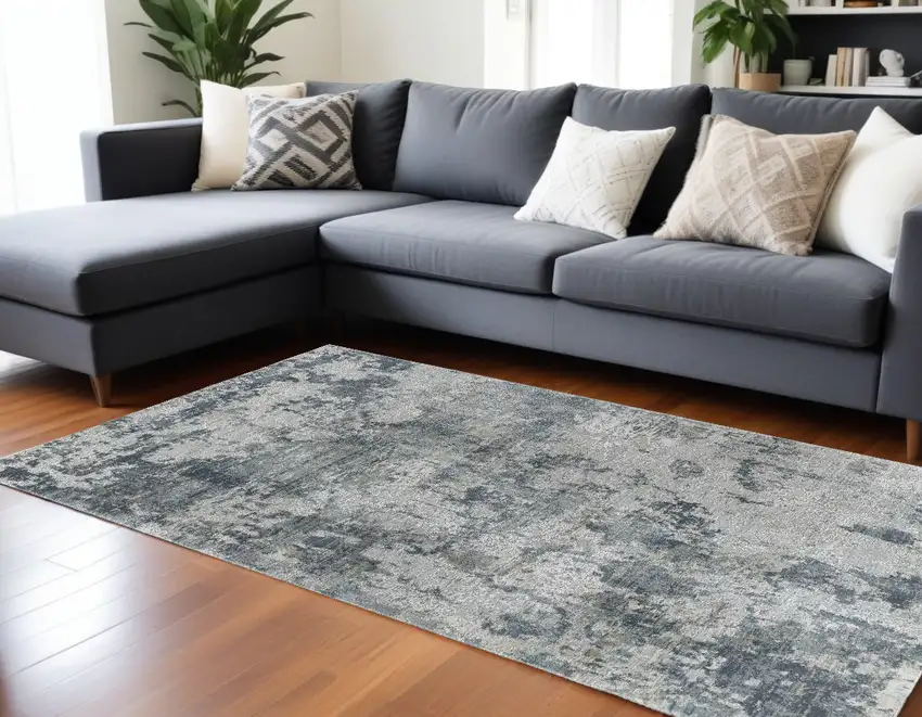 Blue and Gray Abstract Power Loom Distressed Area Rug Photo 1