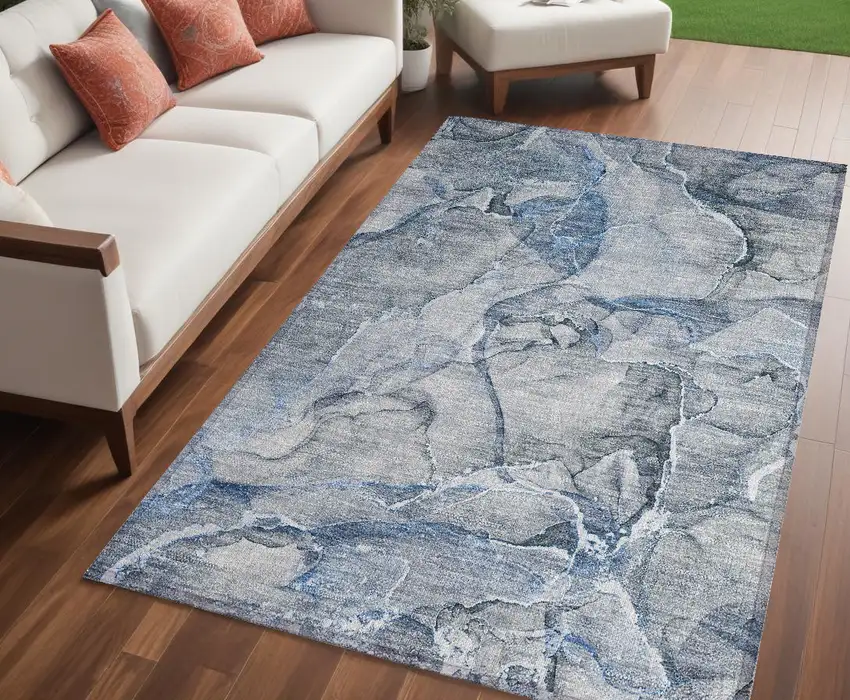 Blue and Gray Abstract Washable Non Skid Indoor Outdoor Area Rug Photo 1