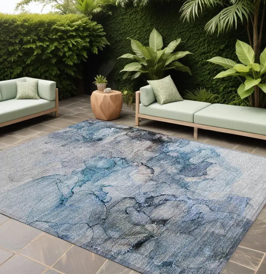 Blue and Gray Abstract Washable Non Skid Indoor Outdoor Area Rug Photo 1