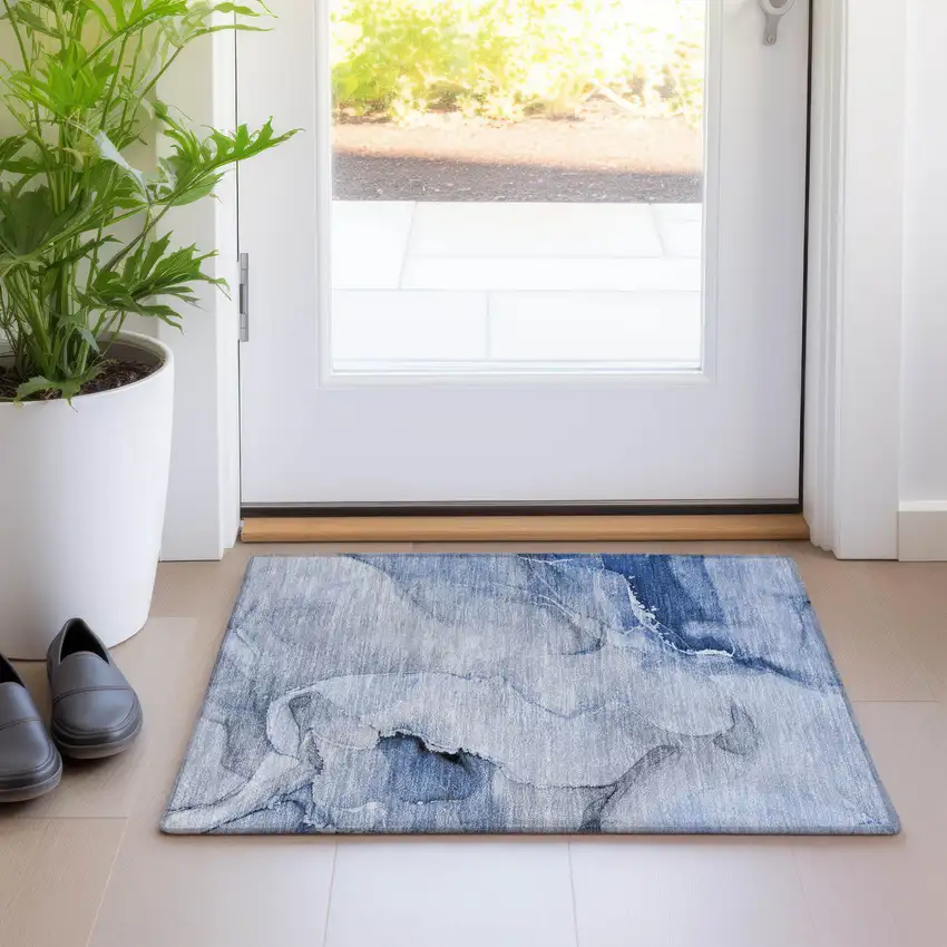 Blue Abstract Washable Indoor Outdoor Area Rug Photo 7