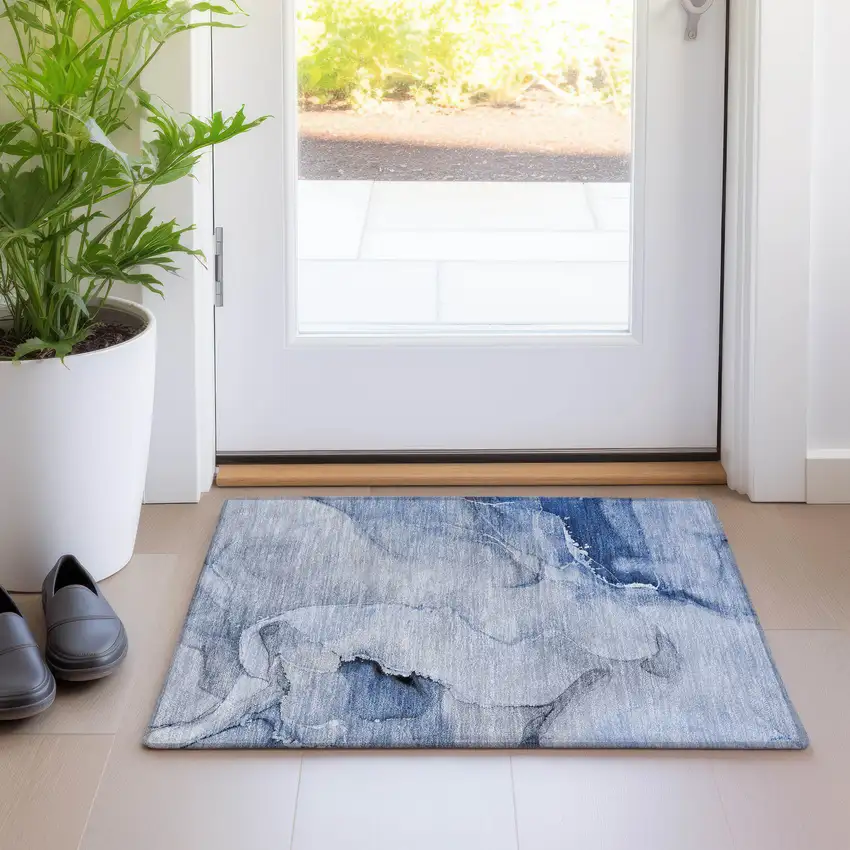 Blue Abstract Washable Indoor Outdoor Area Rug Photo 7