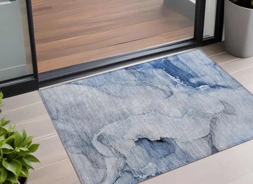 Blue Abstract Washable Indoor Outdoor Area Rug Photo 1