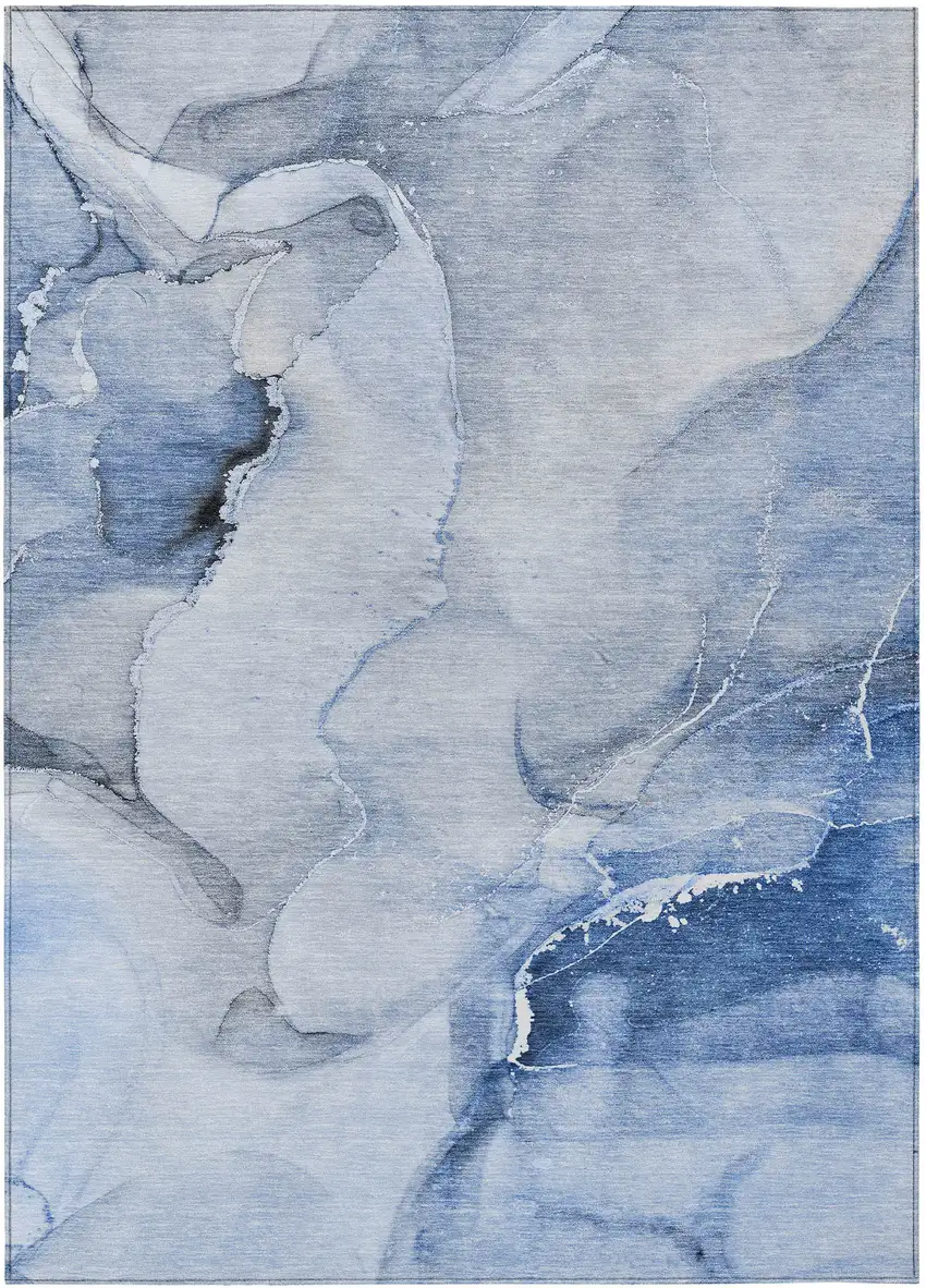 Blue and Gray Abstract Washable Non Skid Indoor Outdoor Area Rug Photo 2