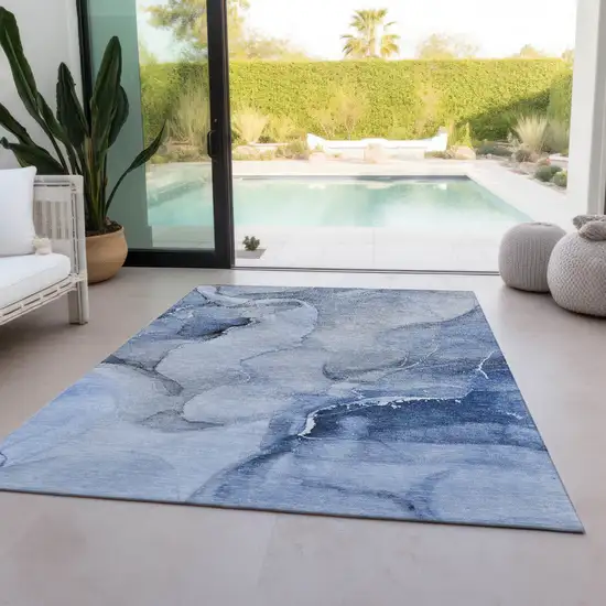 Blue and Gray Abstract Washable Non Skid Indoor Outdoor Area Rug Photo 9