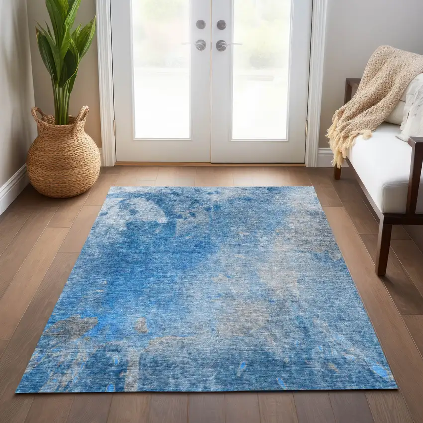 Blue and Gray Abstract Washable Non Skid Indoor Outdoor Area Rug Photo 9