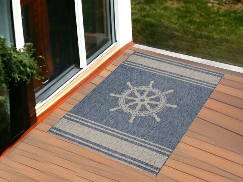 Blue and Gray Captain's Wheel Stain Resistant Indoor Outdoor Area Rug Photo 1