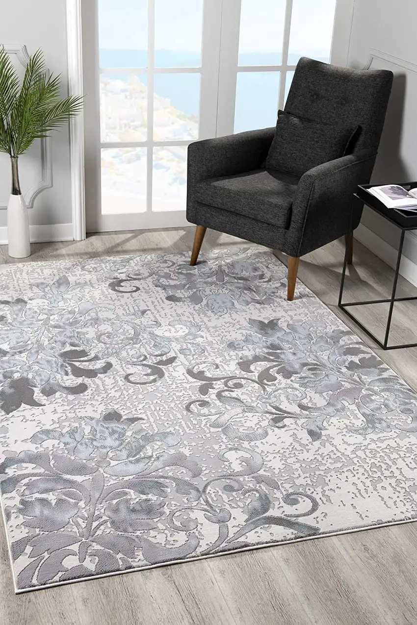Blue and Gray Floral Filigree Area Rug Photo 3