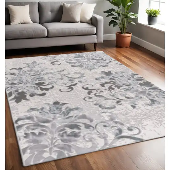 Gray And Ivory Damask Shag Area Rug Photo 1