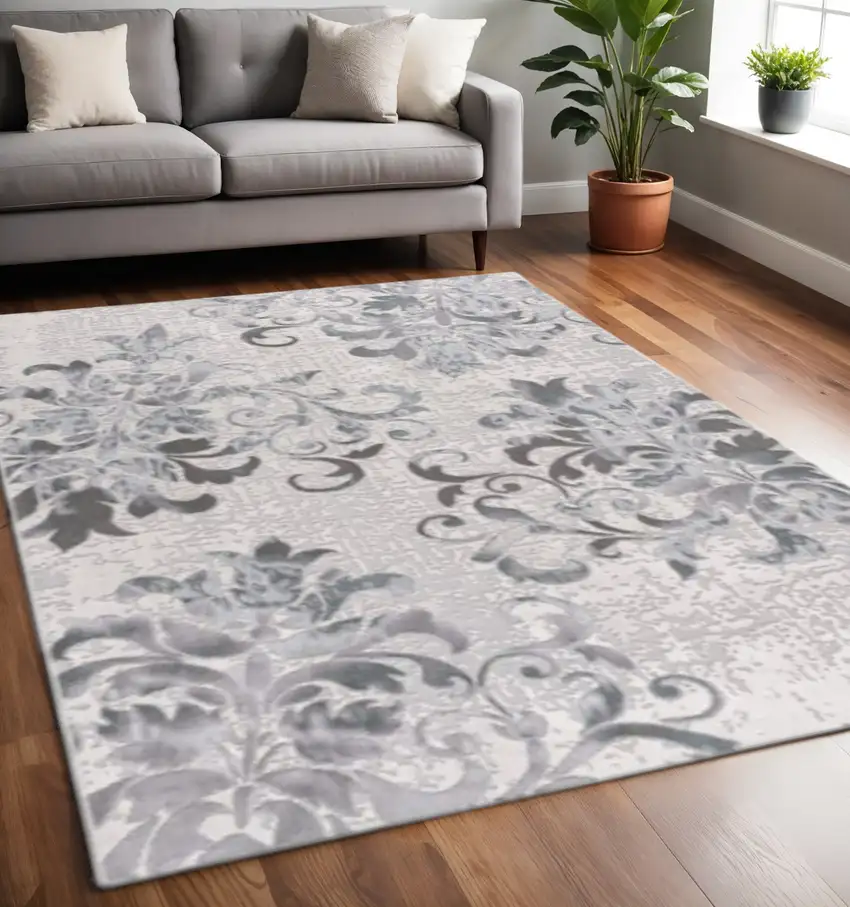 Gray And Ivory Damask Shag Area Rug Photo 1