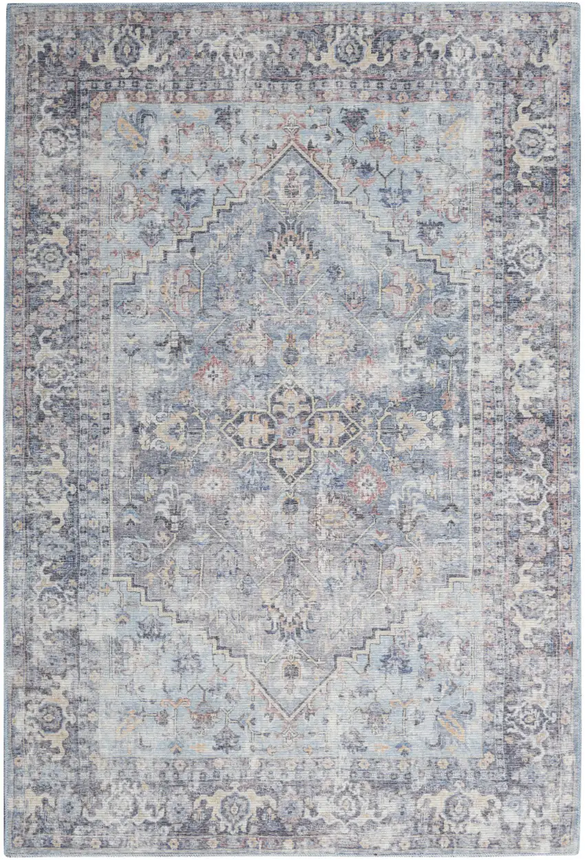 Blue and Gray Floral Medallion Power Loom Distressed Washable Area Rug Photo 2
