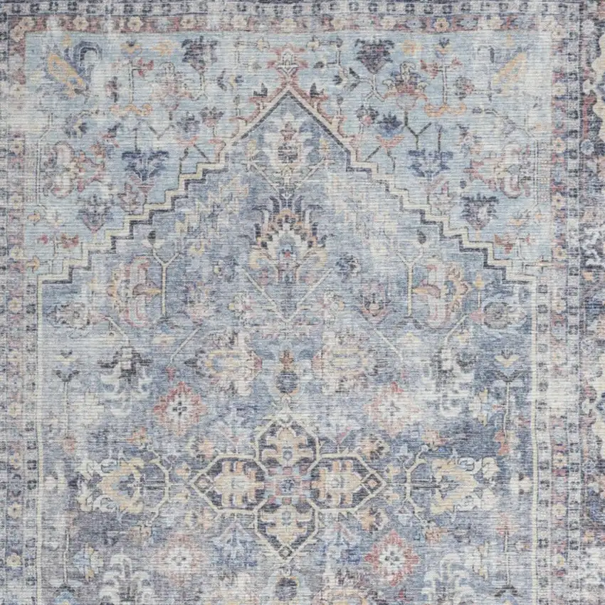 Blue and Gray Floral Medallion Power Loom Distressed Washable Area Rug Photo 3
