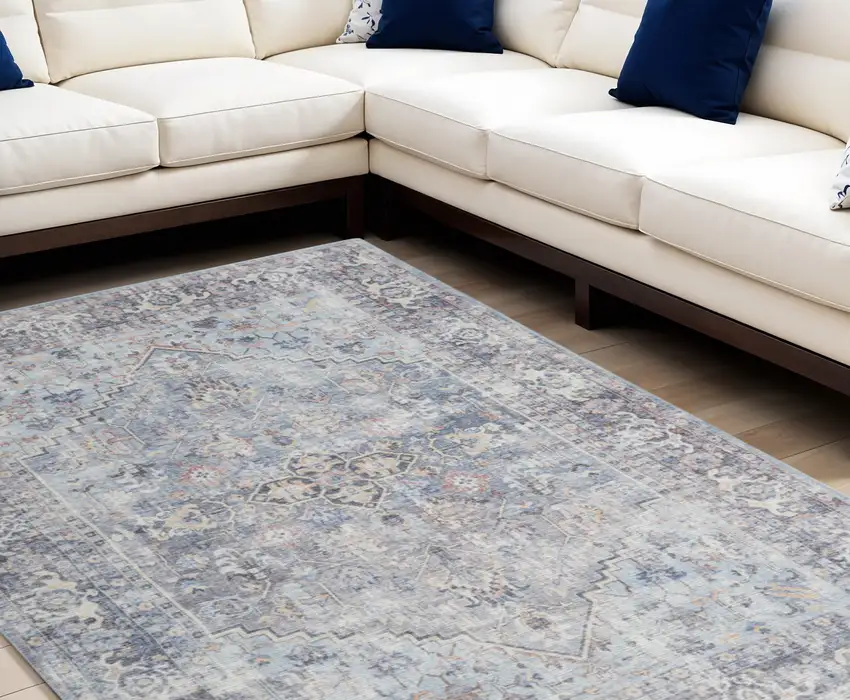 Blue and Gray Floral Medallion Power Loom Distressed Washable Area Rug Photo 1