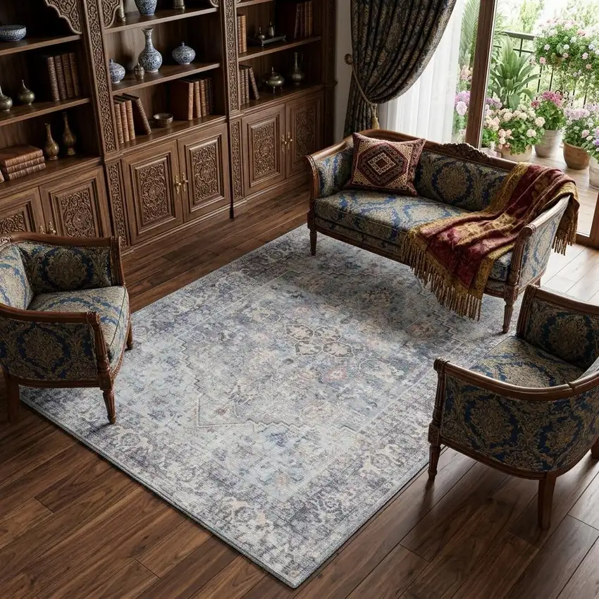 Blue and Gray Floral Medallion Power Loom Distressed Washable Area Rug Photo 1