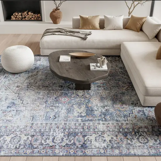 Blue and Gray Floral Medallion Power Loom Distressed Washable Area Rug Photo 6