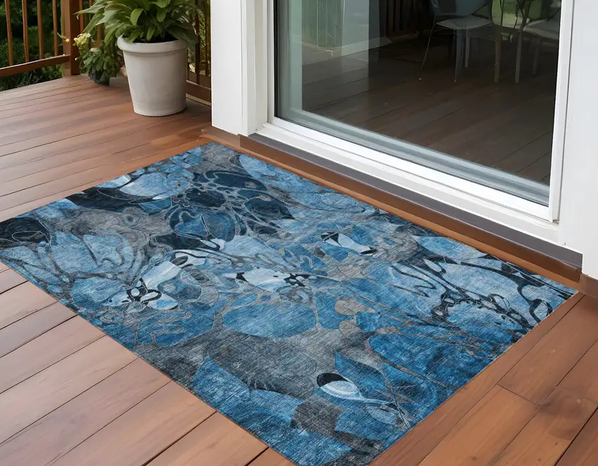 Blue and Gray Abstract Washable Indoor Outdoor Area Rug Photo 1
