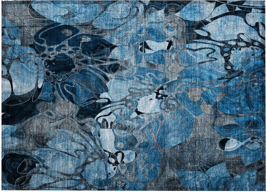 Blue and Gray Abstract Washable Indoor Outdoor Area Rug Photo 2