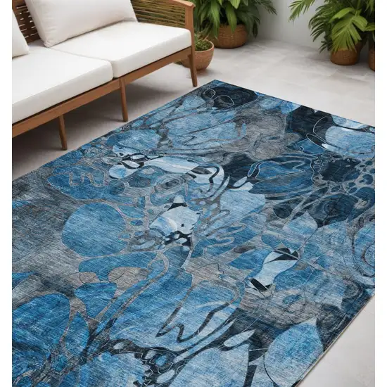Blue and Gray Abstract Washable Indoor Outdoor Area Rug Photo 1
