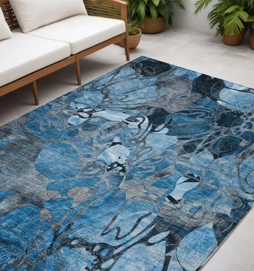 Blue and Gray Abstract Washable Indoor Outdoor Area Rug Photo 1