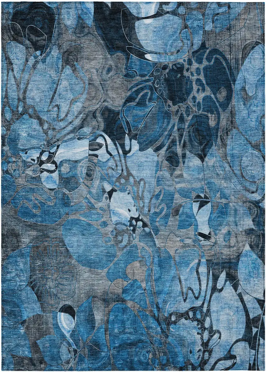 Blue and Gray Abstract Washable Indoor Outdoor Area Rug Photo 2