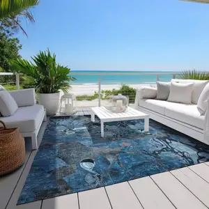 Photo of Blue and Gray Floral Washable Non Skid Indoor Outdoor Area Rug