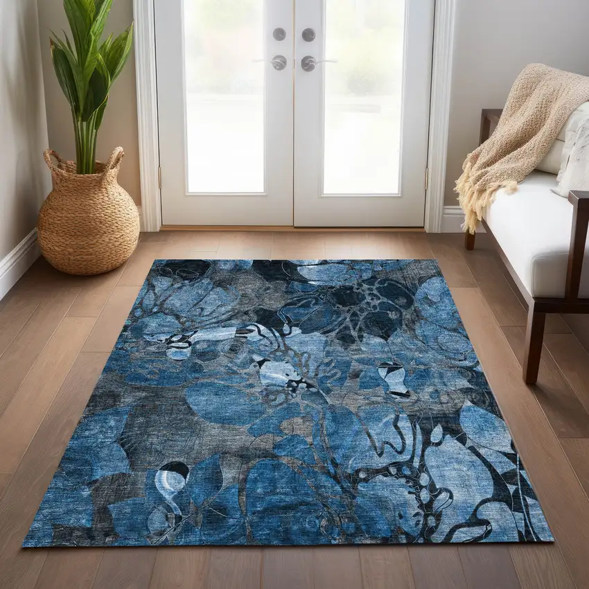 Blue and Gray Abstract Washable Indoor Outdoor Area Rug Photo 8