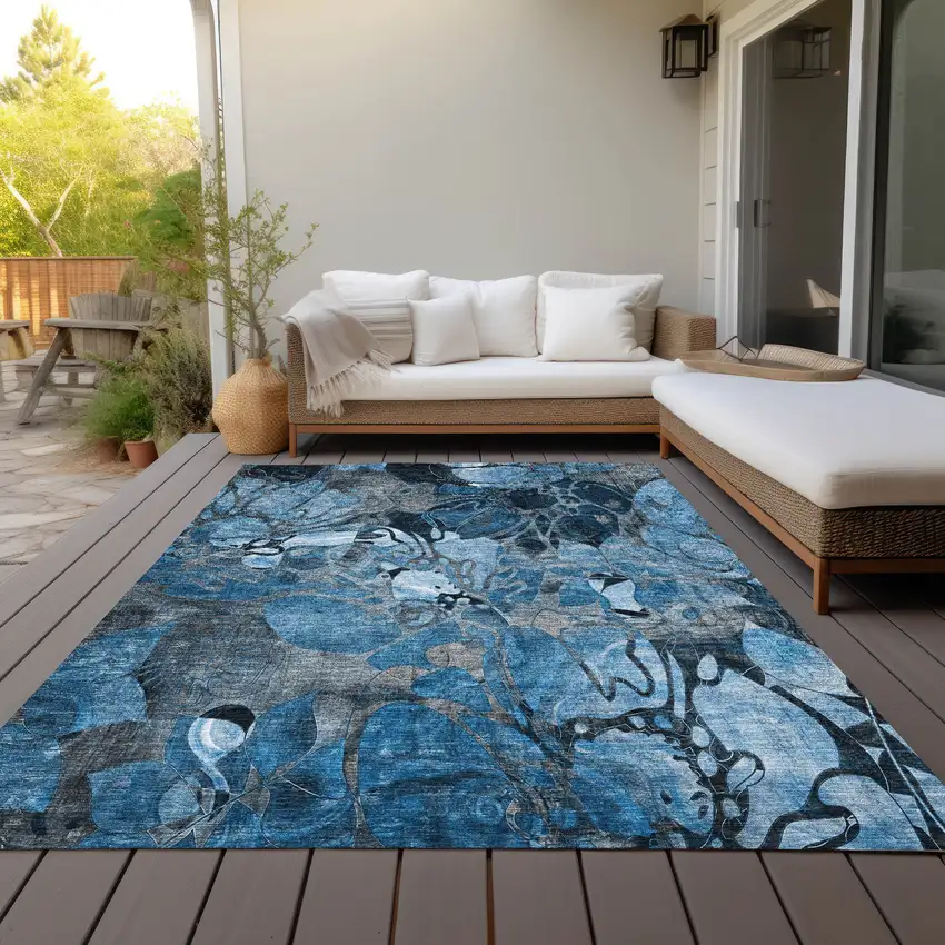 Blue and Gray Abstract Washable Indoor Outdoor Area Rug Photo 9