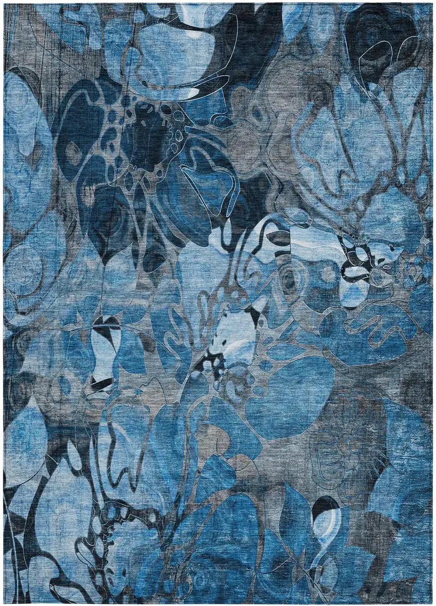 Blue and Gray Floral Washable Non Skid Indoor Outdoor Area Rug Photo 3