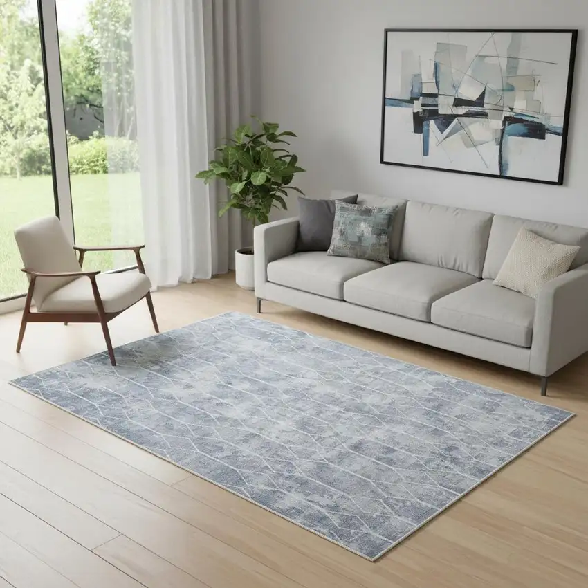 5' X 7' Blue and Gray Geometric Power Loom Washable Area Rug Photo 1