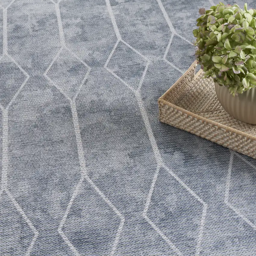 Blue and Gray Geometric Power Loom Washable Area Rug Photo 9