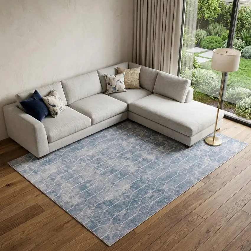 Blue and Gray Geometric Power Loom Washable Area Rug Photo 1