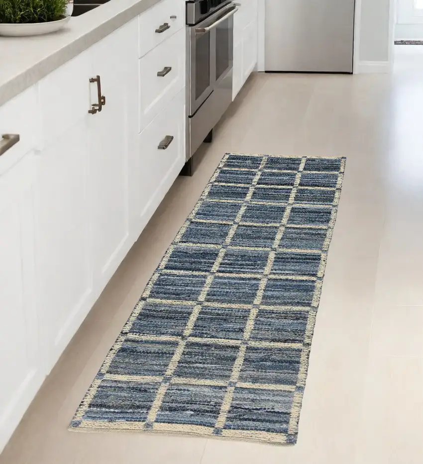 3' X 8' Blue And Gray Grid Runner Rug Photo 1