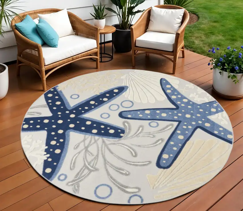 8' Blue And Gray Round Indoor Outdoor Area Rug Photo 2