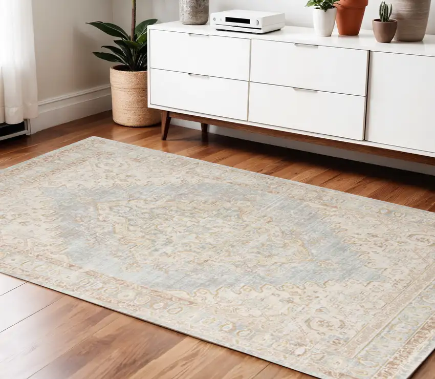 Beige and Gray Medallion Power Loom Area Rug Photo 1