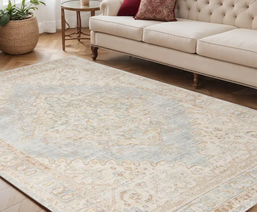 Beige and Gray Medallion Power Loom Area Rug Photo 1