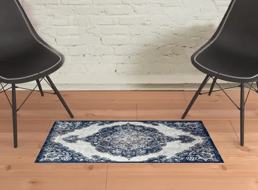 Blue and Gray Medallion Power Loom Area Rug Photo 3