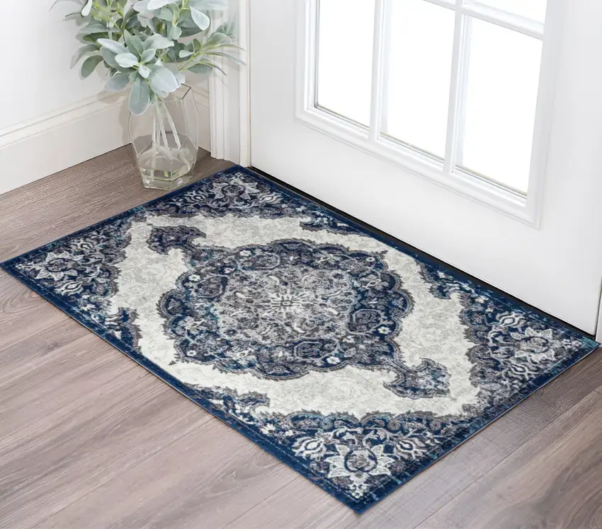 Navy and Ivory Medallion Power Loom Area Rug Photo 1