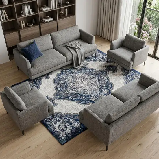 Ivory Gray And Blue Medallion Area Rug Photo 1