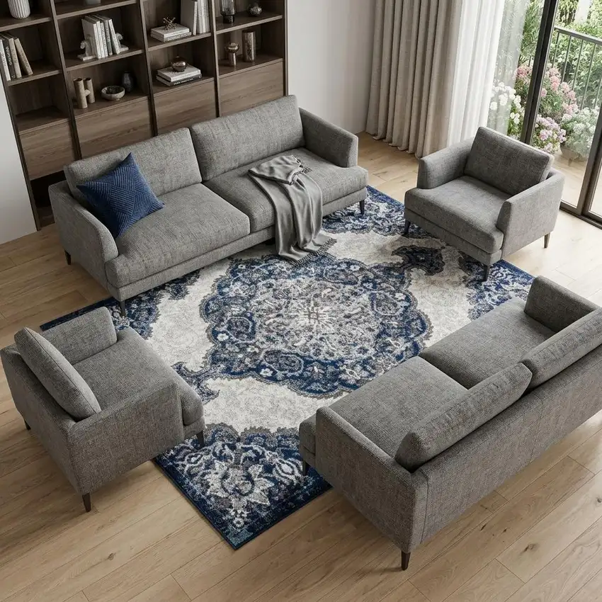 Ivory Gray And Blue Medallion Area Rug Photo 1