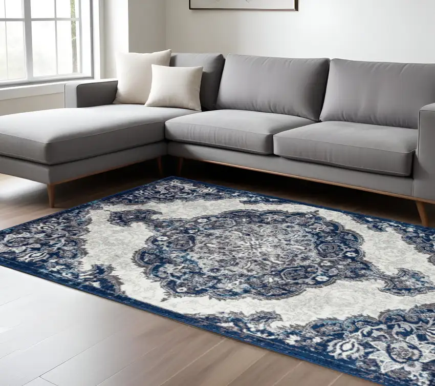 Navy and Ivory Medallion Power Loom Area Rug Photo 1