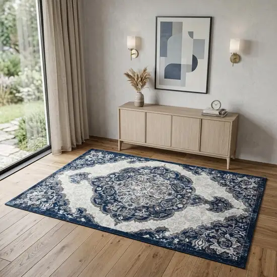 Ivory Gray And Blue Medallion Area Rug Photo 1