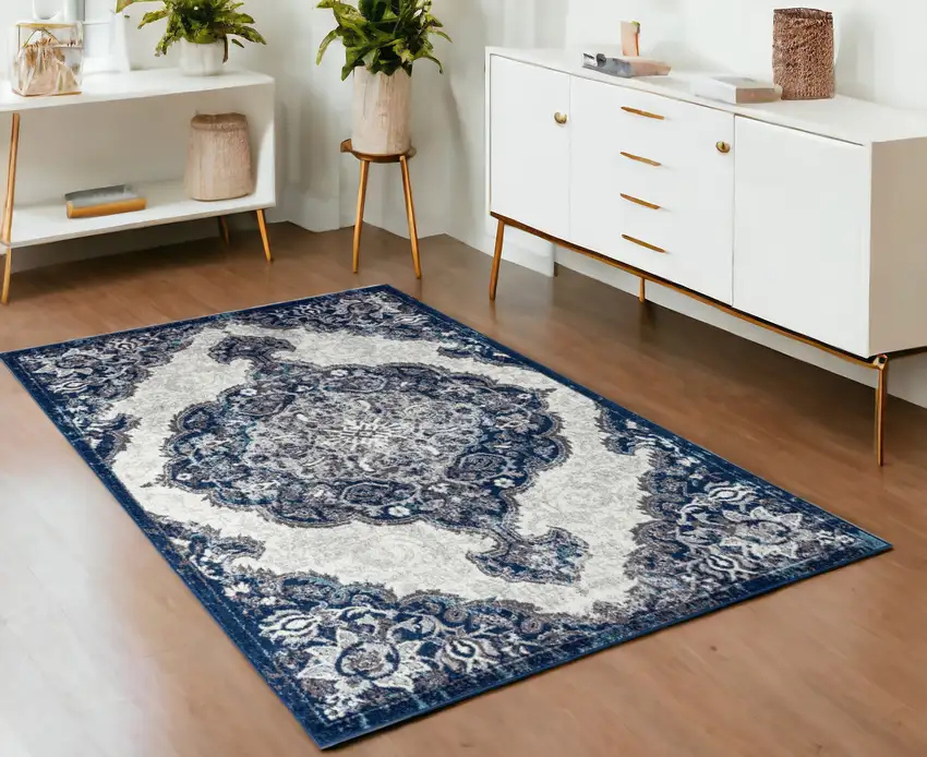 Blue and Gray Medallion Power Loom Area Rug Photo 1