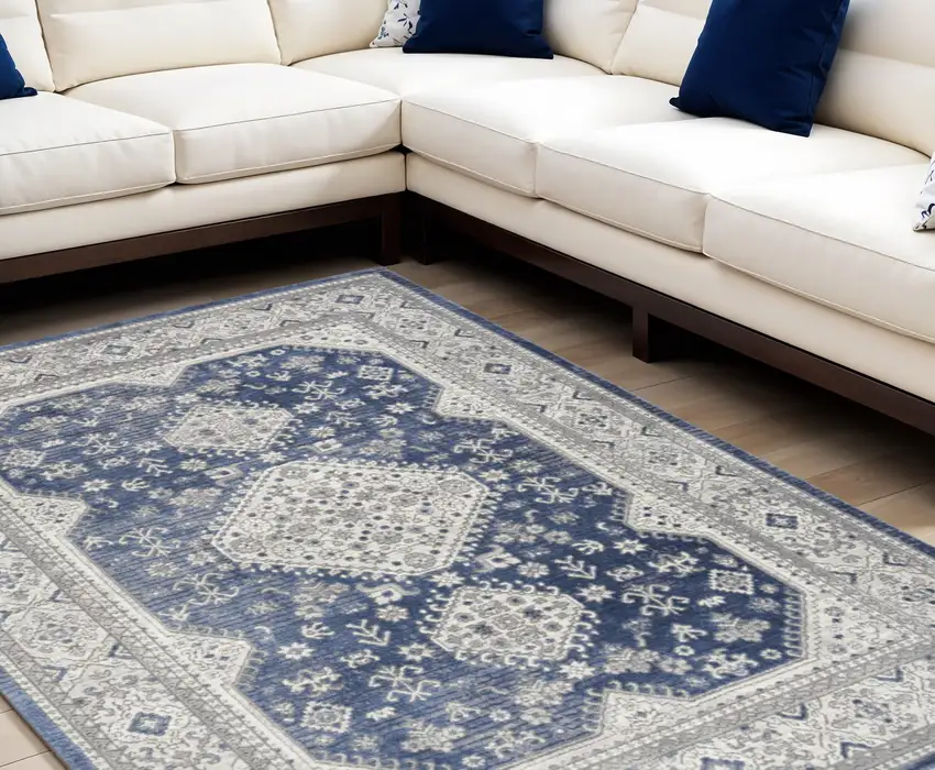 Blue and Gray Medallion Power Loom Area Rug Photo 1