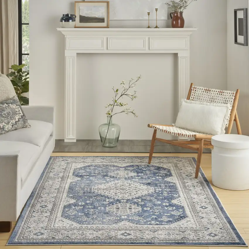 Blue and Gray Medallion Power Loom Area Rug Photo 5