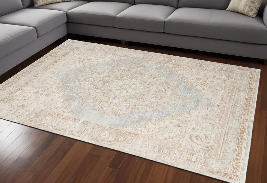 Blue and Gray Medallion Power Loom Distressed Area Rug Photo 1
