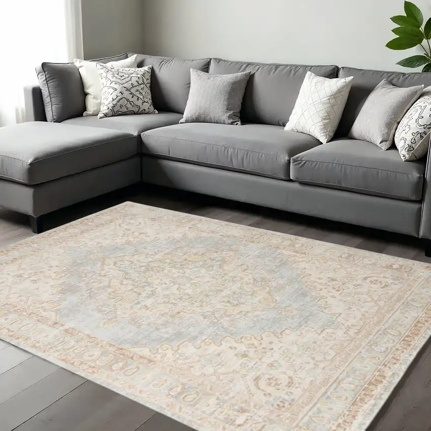 Tan And Gray Medallion Distressed Area Rug Photo 1