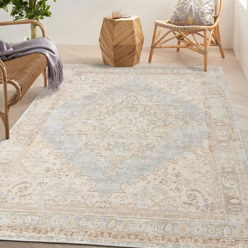 Blue and Gray Medallion Power Loom Distressed Area Rug Photo 6